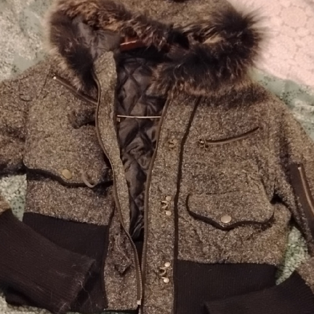 S-Twelve Gray and Black Utility Jacket with Fur Trim Y2K Vintage